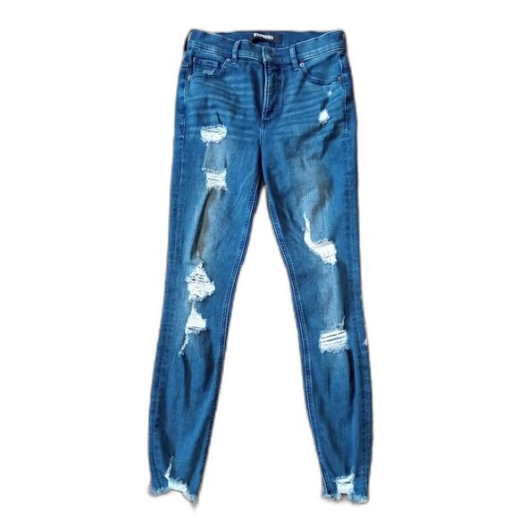 Express Distressed Ankle High Rise Sz 2 Women's Stretch Raw Hem Jegging Jeans - Picture 1 of 6